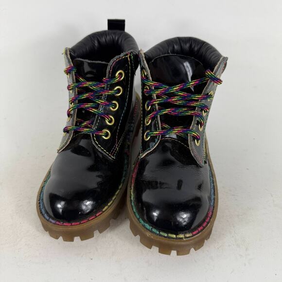 Dr. Martens Boots Kids 10 Black Patent Leather Lace-Up Round Toe Hiking - Picture 4 of 11